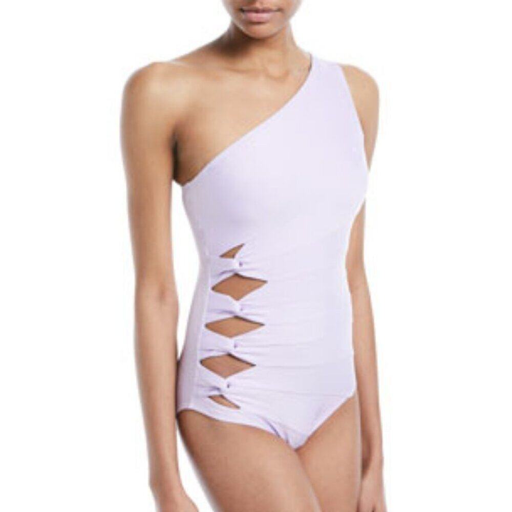 Carmen Marc Valvo Women White One Shoulder Side-Knot One Piece Swimsuit Size 10